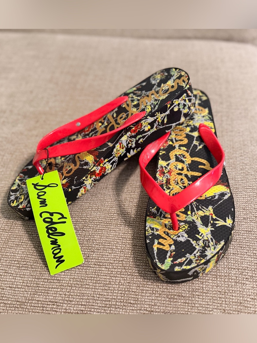 Sam Edelman Black Floral Platform Sandals with Bright Red Straps